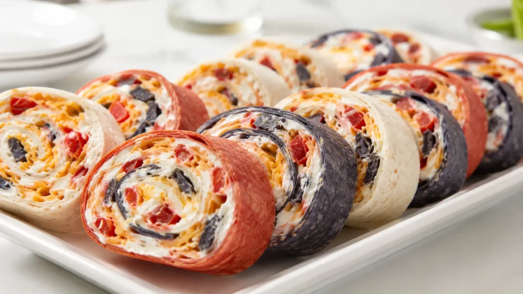 Close-up of red white and blue tortilla pinwheels on a white ceramic platter, visible spiral layers of flour tortilla, cream cheese, cheddar, red bell pepper pieces, and blue corn chip bits, creamy and crunchy texture, neat sliced edges, soft natural light, bright white kitchen background, realistic party appetizer photography