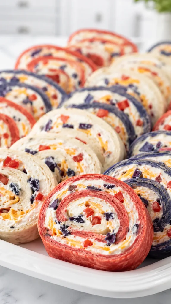 Close-up of red white and blue tortilla pinwheels on a white ceramic platter, visible spiral layers of flour tortilla, cream cheese, cheddar, red bell pepper pieces, and blue corn chip bits, creamy and crunchy texture, neat sliced edges, soft natural light, bright white kitchen background, realistic party appetizer photography, shallow depth of field, no text, no watermark