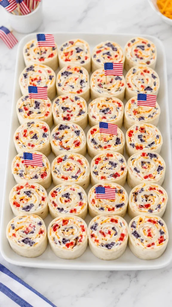 Patriotic tortilla pinwheels sliced into neat spirals, made with soft white flour tortillas, creamy white cream cheese filling, shredded cheddar, finely diced red bell pepper, and small crushed blue corn tortilla chip pieces, stacked on a white platter, tiny American flag picks, bright summer party table, natural window light, crisp editorial food photography, realistic textures, clean festive red white and blue styling, no text, no watermark