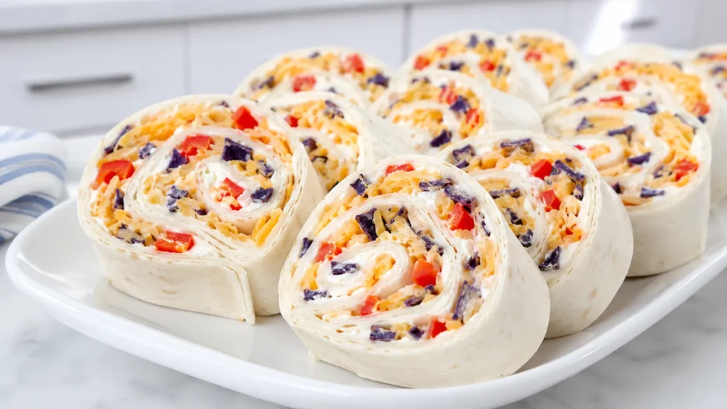 Close-up of patriotic tortilla pinwheels made with soft white flour tortillas only, creamy white cream cheese filling, shredded cheddar, tiny diced red bell pepper pieces, and small crushed blue corn tortilla chip bits visible in the spiral layers, neat sliced edges, no colored tortillas, no red tortillas, no blue tortillas, white ceramic platter, bright white kitchen background, soft natural light, realistic party appetizer photography, shallow depth of field, no hands, no text, no watermark