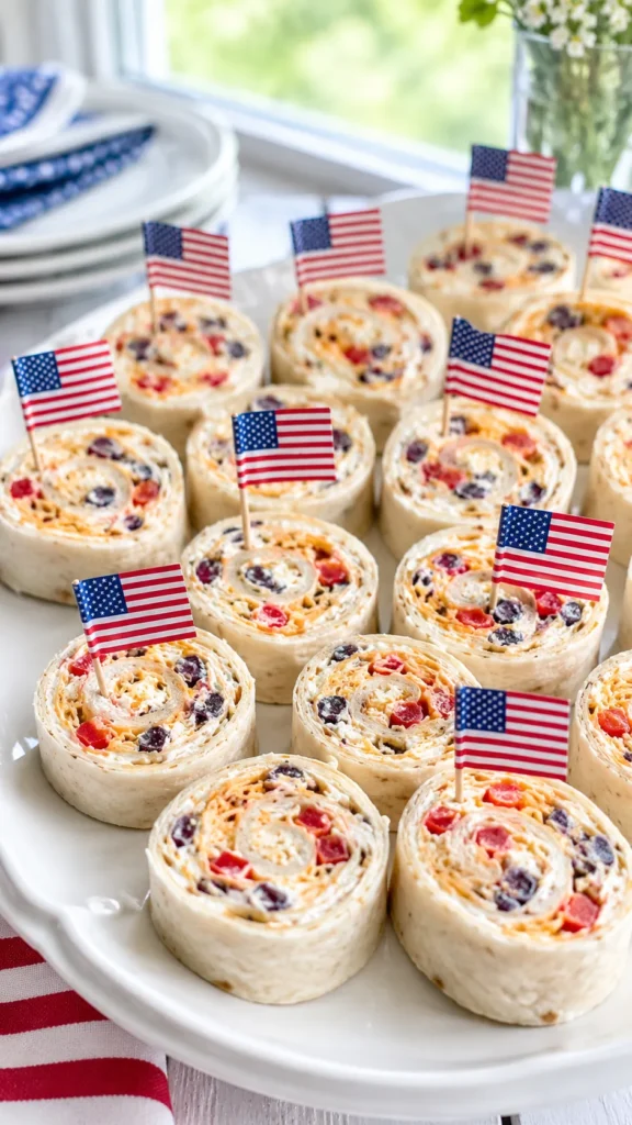 Patriotic tortilla pinwheels sliced into neat spirals, made with soft white flour tortillas, creamy white cream cheese filling, shredded cheddar, finely diced red bell pepper, and small crushed blue corn tortilla chip pieces, stacked on a white platter, tiny American flag picks, bright summer party table, natural window light, crisp editorial food photography, realistic textures, clean festive red white and blue styling, no text, no watermark