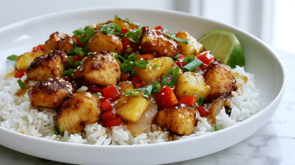 Hyper-realistic pineapple chicken and rice served in a shallow white ceramic bowl, tender bite-size chicken pieces coated in glossy golden soy garlic sauce, fluffy long-grain white rice underneath, juicy pineapple chunks, red bell pepper pieces, sliced green onions, sesame seeds, lime wedge on the side, white marble kitchen counter, bright white kitchen background, soft natural window light, crisp editorial food photography, realistic textures, no text, no watermark