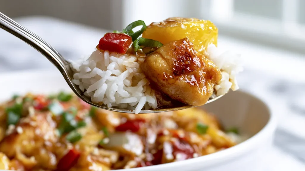Hyper-realistic spoon lift of pineapple chicken and rice, a metal spoon holding a bite of fluffy long-grain white rice, one clearly visible 1-inch chunk of boneless skinless chicken breast, pan-seared in a skillet until lightly golden with browned edges, not breaded, not battered, not fried, coated in a smooth glossy pineapple soy garlic sauce, one juicy pineapple chunk, one small diced red bell pepper piece, a few tiny softened onion pieces, a few sliced green onion rounds, light sesame seed garnish, blurred white bowl of pineapple chicken and rice below, white marble kitchen counter, bright white kitchen background, soft natural window light, crisp editorial food photography, realistic proportions and textures, no text, no watermark