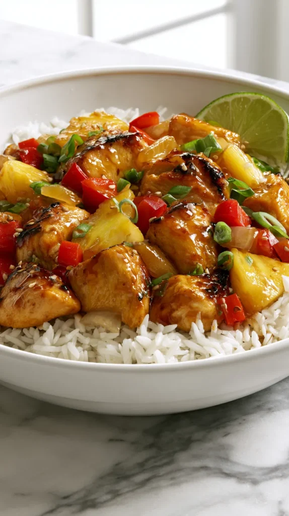 Hyper-realistic pineapple chicken and rice in a shallow white ceramic bowl, unbreaded pan-seared boneless chicken breast pieces cut into 1-inch chunks, lightly browned edges, glossy sweet savory pineapple soy garlic sauce coating the chicken, fluffy long-grain white rice, juicy pineapple chunks, diced red bell peppers, a few softened onion pieces, sliced green onions, sesame seeds, lime wedge on the side, white marble kitchen counter, bright white kitchen background, soft natural window light, crisp editorial food photography, realistic textures, no text, no watermark