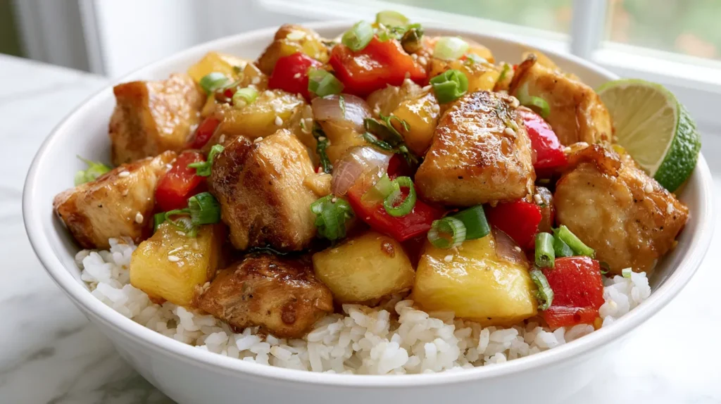 Close-up bowl of pineapple chicken and rice, made with boneless skinless chicken breast cut into 1-inch chunks, pan-seared in a skillet until lightly golden with browned edges, not breaded, not battered, not fried, coated in a glossy pineapple soy garlic ginger sauce, fluffy long-grain white rice underneath, juicy pineapple chunks, diced red bell pepper, small softened onion pieces, sliced green onions, light sesame seed garnish, lime wedge on the side, bright airy white kitchen, white marble counter, soft natural window light, clean realistic editorial food photography, true-to-recipe appearance, no text, no watermark