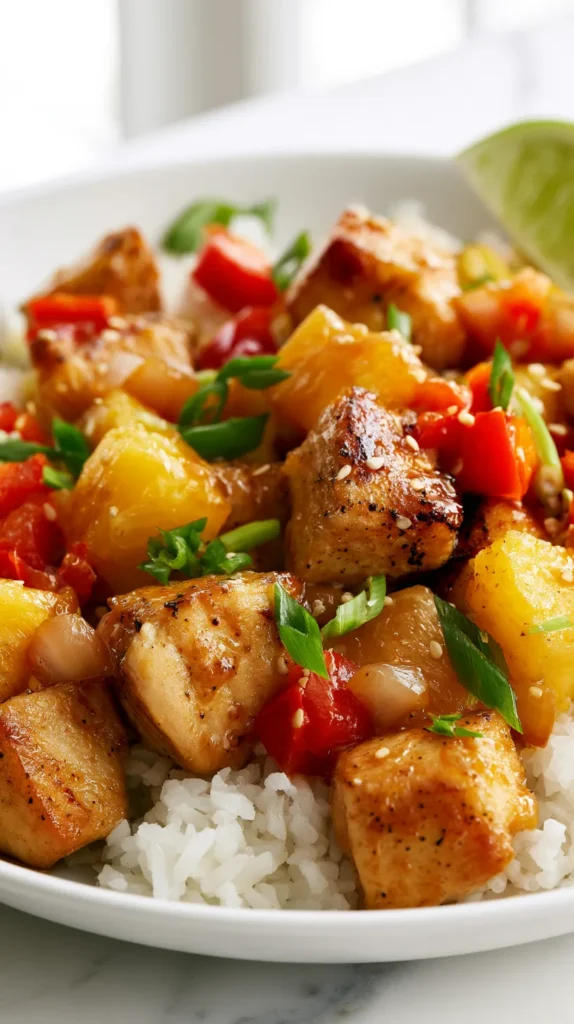 Overhead hero shot of pineapple chicken and rice served in a low white bowl, boneless skinless pan-seared chicken breast pieces cut into bite-size chunks, sautéed and lightly browned, no breading, no batter, no crispy coating, glossy light amber sauce made with pineapple juice and soy sauce, fluffy white rice, pineapple chunks, red bell peppers, visible cooked onion pieces, green onion garnish, sesame seeds, lime wedge, bright white kitchen setting, white marble countertop, soft daylight, hyper-realistic editorial food photography, clean composition, no text, no watermark