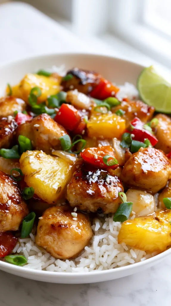 Close-up bowl of pineapple chicken and rice, made with boneless skinless chicken breast cut into 1-inch chunks, pan-seared in a skillet until lightly golden with browned edges, not breaded, not battered, not fried, coated in a glossy pineapple soy garlic ginger sauce, fluffy long-grain white rice underneath, juicy pineapple chunks, diced red bell pepper, small softened onion pieces, sliced green onions, light sesame seed garnish, lime wedge on the side, bright airy white kitchen, white marble counter, soft natural window light, clean realistic editorial food photography, true-to-recipe appearance, no text, no watermark
