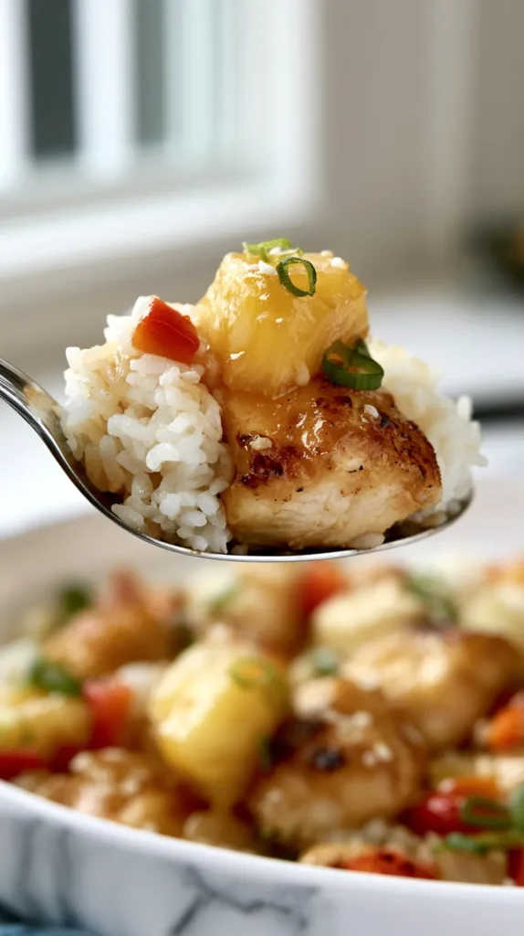 Extreme close-up spoonful of pineapple chicken and rice lifted above a white bowl, fluffy white rice grains, a boneless skinless chicken breast chunk that is pan-seared and sautéed, lightly browned on the outside, tender inside, coated in smooth glossy sauce, not breaded, not battered, not fried, juicy pineapple piece, diced red bell pepper, softened onion, sliced green onion, sesame seeds, the rest of the bowl softly blurred below, bright white kitchen background, white marble counter, natural window light, hyper-realistic food photography, realistic proportions and textures, no text, no watermark
