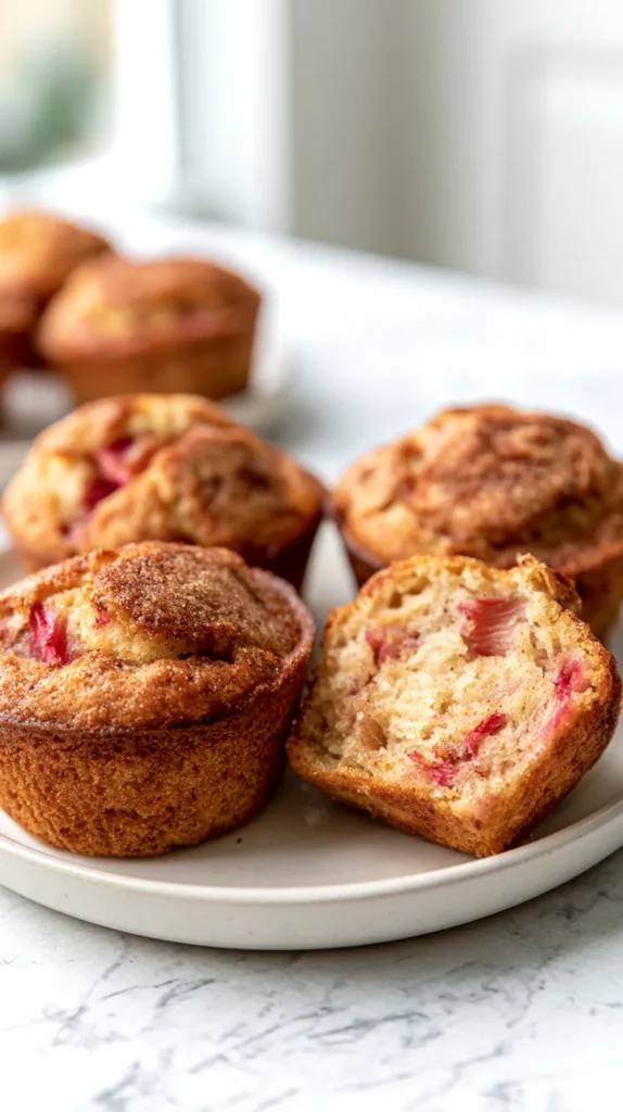 Hyper-realistic photo of freshly baked rhubarb muffins on a white ceramic plate, soft golden muffin tops with a cinnamon sugar finish, visible pink rhubarb pieces baked into the crumb, one muffin split open to show the tender interior, bright white kitchen background, white marble countertop, soft natural window light, clean editorial food styling, crisp focus, realistic texture, airy and fresh spring baking mood, no people, no text, no logos, no watermark