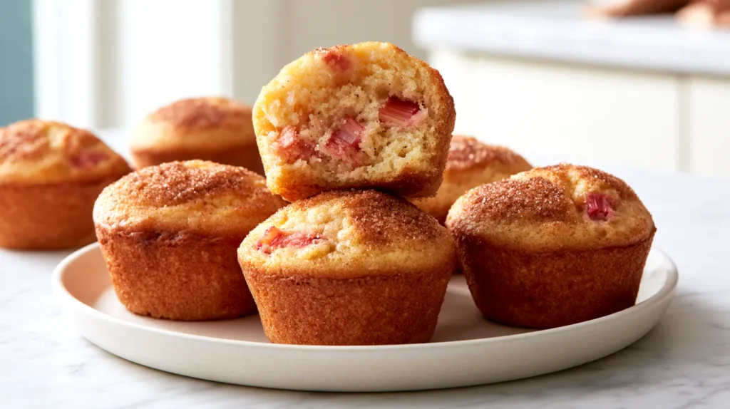 Hyper-realistic photo of freshly baked rhubarb muffins on a white ceramic plate, soft golden muffin tops with a cinnamon sugar finish, visible small 1/4-inch diced pink rhubarb pieces baked into the crumb, one muffin split open to show the tender interior, bright white kitchen background, white marble countertop, soft natural window light, clean editorial food styling, crisp focus, realistic texture, airy and fresh spring baking mood, no people, no text, no logos, no watermark