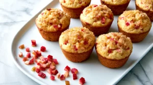 Hyper-realistic overhead photo of rhubarb muffins arranged on a white platter with scattered small 1/4-inch diced rhubarb pieces nearby, light golden tops with a sugary crisp finish, soft fluffy crumb, visible evenly distributed 1/4-inch rhubarb pieces throughout the muffins, bright and cheerful spring kitchen setting, white marble surface, bright natural lighting, minimal elegant styling, fresh baked homemade look, realistic texture, clean composition, no people, no text, no logos, no watermark