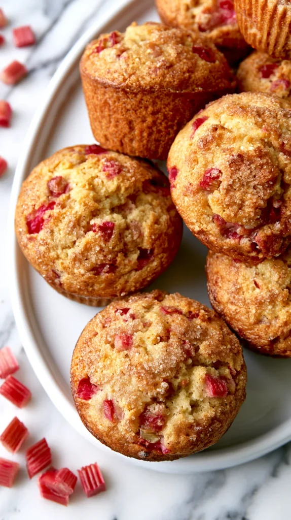 Hyper-realistic overhead photo of rhubarb muffins arranged on a white platter with scattered small 1/4-inch diced rhubarb pieces nearby, light golden tops with a sugary crisp finish, soft fluffy crumb, visible evenly distributed 1/4-inch rhubarb pieces throughout the muffins, bright and cheerful spring kitchen setting, white marble surface, bright natural lighting, minimal elegant styling, fresh baked homemade look, realistic texture, clean composition, no people, no text, no logos, no watermark