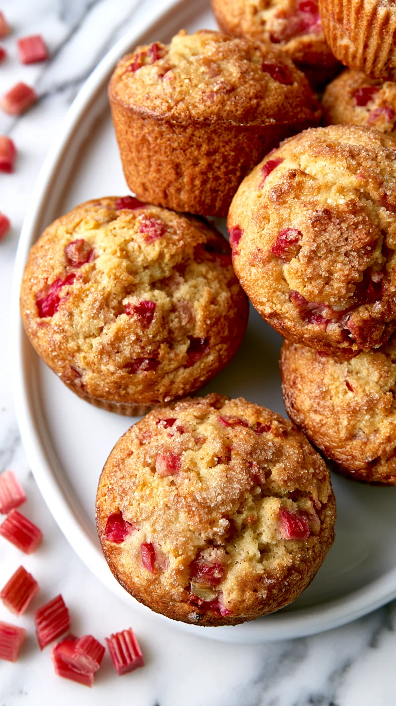 Hyper-realistic overhead photo of rhubarb muffins arranged on a white platter with scattered small 1/4-inch diced rhubarb pieces nearby, light golden tops with a sugary crisp finish, soft fluffy crumb, visible evenly distributed 1/4-inch rhubarb pieces throughout the muffins, bright and cheerful spring kitchen setting, white marble surface, bright natural lighting, minimal elegant styling, fresh baked homemade look, realistic texture, clean composition, no people, no text, no logos, no watermark