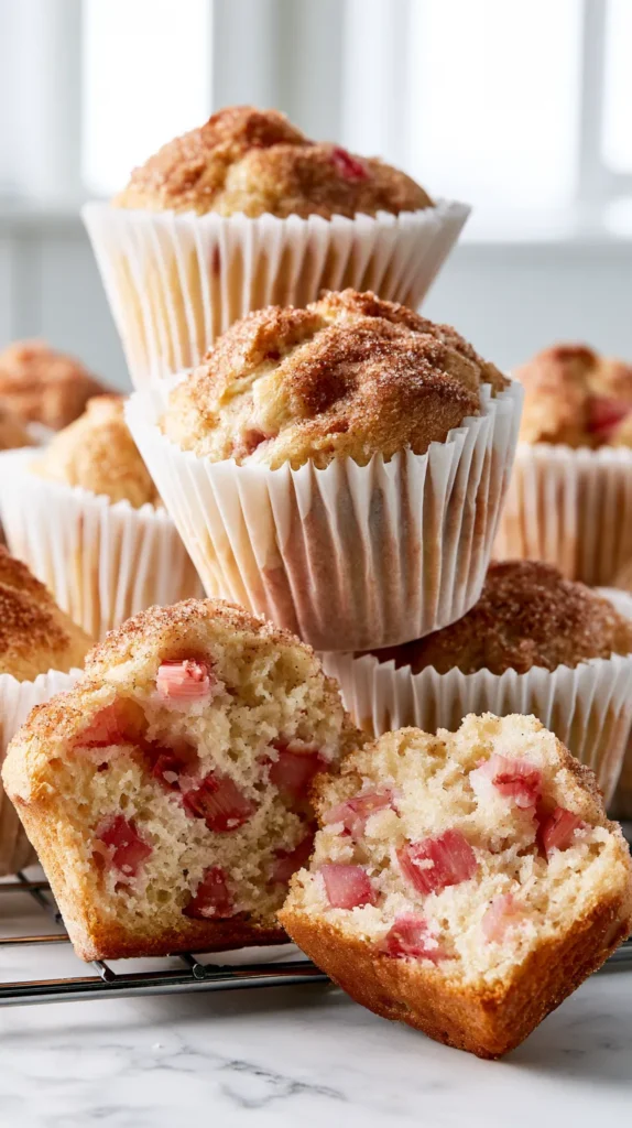 Hyper-realistic close-up photo of rhubarb muffins in white parchment liners, stacked casually on a cooling rack with one muffin cut open, moist soft interior with small 1/4-inch diced tart pink rhubarb pieces throughout, lightly golden domed tops with a delicate cinnamon sugar coating, bright white kitchen, soft window light, white marble counter, crisp detailed food photography, fresh spring bakery vibe, no people, no text, no logos, no watermark