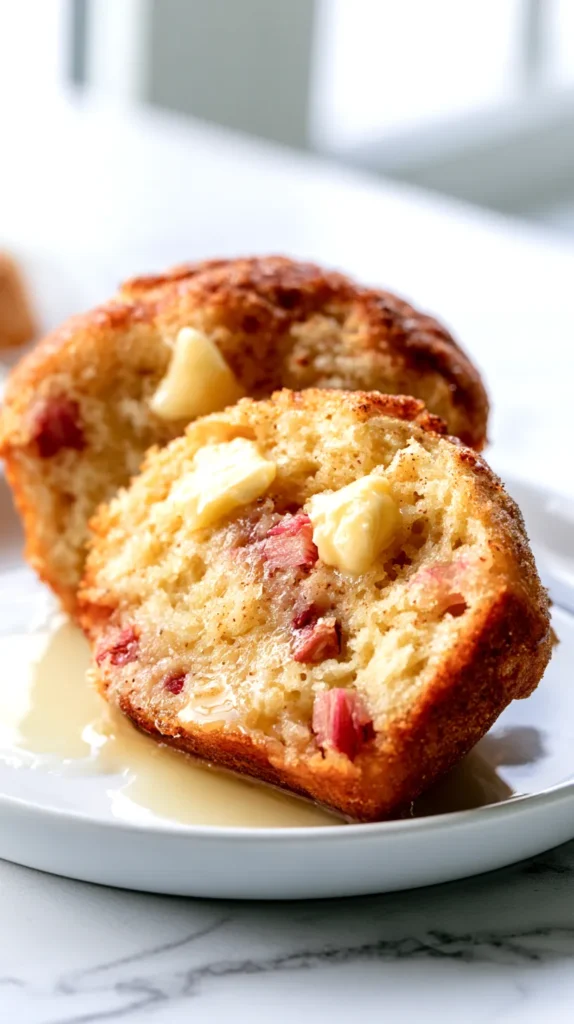 Hyper-realistic close-up photo of a single freshly baked rhubarb muffin cut in half on a white ceramic plate, the two halves slightly separated with the cut sides facing up and toward the camera, soft tender crumb visible with small 1/4-inch chopped pink rhubarb pieces throughout, two small pats of butter melting directly onto the warm cut surfaces of the muffin halves, slightly pooling into the crumb and onto the plate, light cinnamon sugar finish on the muffin tops, bright white kitchen background, white marble countertop, soft natural window light, clean editorial food styling, crisp focus, realistic texture, cozy spring breakfast mood, no people, no text, no logos, no watermark
