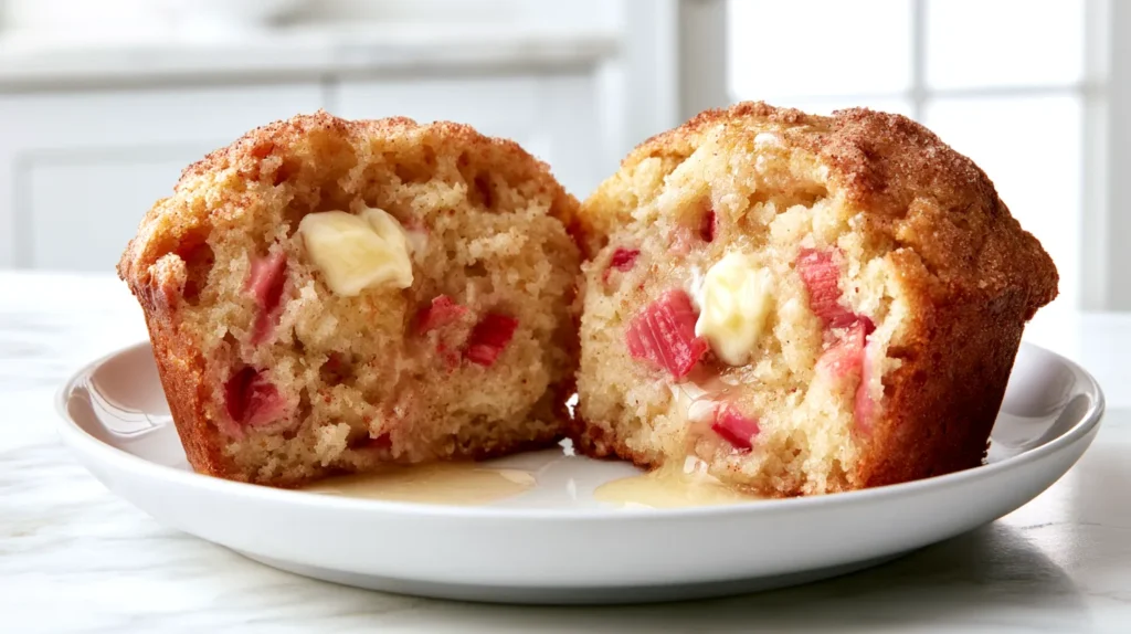 Hyper-realistic close-up photo of a single freshly baked rhubarb muffin cut in half on a white ceramic plate, the two halves slightly separated, soft tender crumb visible with small 1/4-inch chopped pink rhubarb pieces throughout, light cinnamon sugar finish on the top, two small pats of butter melting over the warm cut surfaces and slightly pooling onto the plate, bright white kitchen background, white marble countertop, soft natural window light, clean editorial food styling, crisp focus, realistic texture, cozy spring breakfast mood, no people, no text, no logos, no watermark