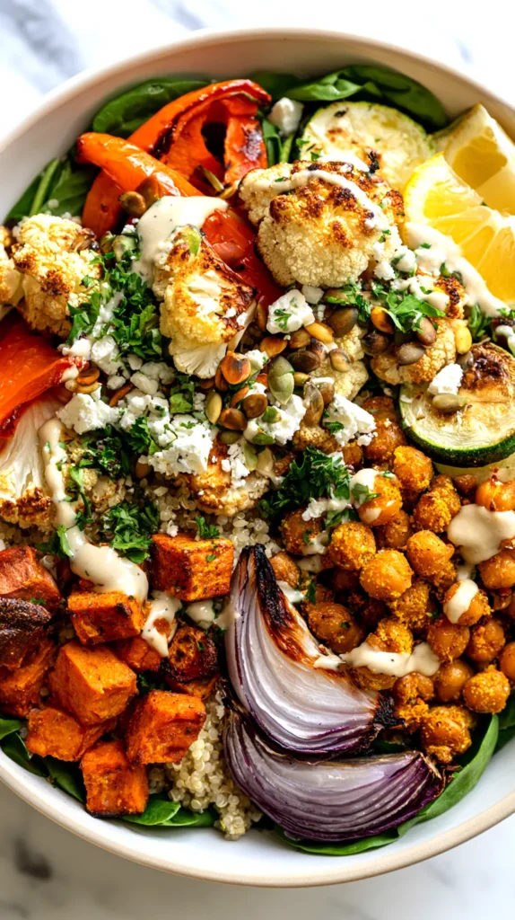 roasted vegetable bowls made with fluffy quinoa, roasted sweet potato cubes with browned caramelized edges, roasted cauliflower florets with golden toasted spots, roasted red bell pepper strips with blistered skins, roasted zucchini half-moons with lightly browned edges, roasted red onion wedges with softened translucent layers and charred purple edges, and crispy roasted chickpeas with a golden seasoned coating, served over baby spinach in a shallow white ceramic bowl, topped with crumbled feta, toasted pumpkin seeds, chopped parsley, lemon wedges, and creamy lemon tahini drizzle, overhead view, white marble kitchen counter, bright white kitchen background, soft natural window light, crisp editorial food photography, hyper-realistic textures, vibrant but natural colors, true-to-recipe ingredients only, no raw onion, no extra foods, no text, no watermark