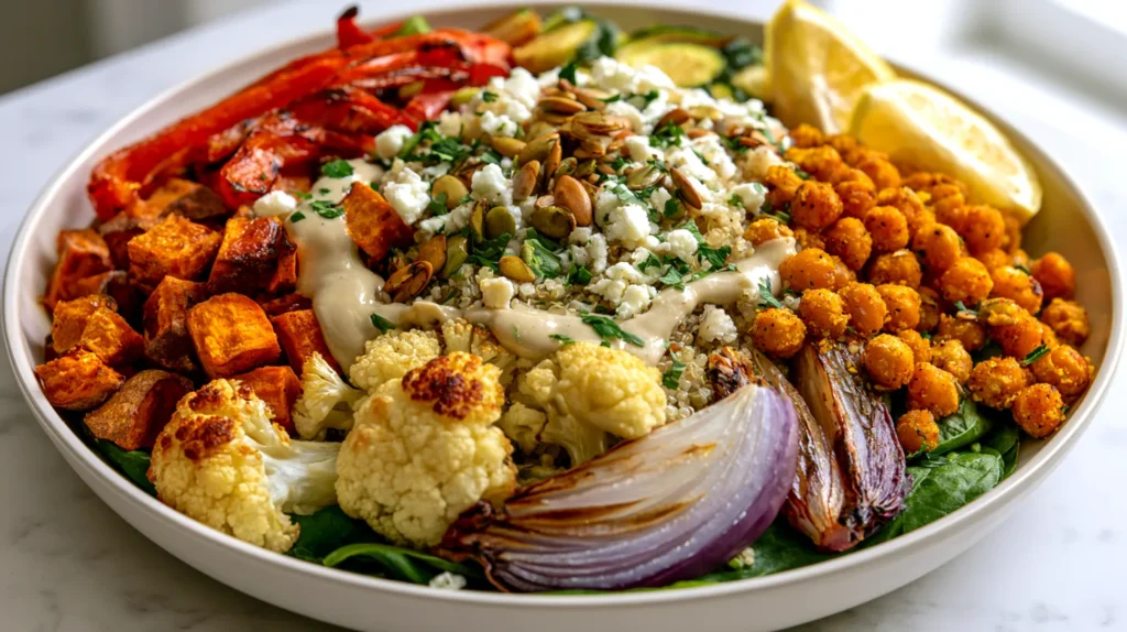 a roasted vegetable bowl with quinoa at the base and visible layers of roasted sweet potato cubes, golden roasted cauliflower, blistered red bell pepper strips, browned zucchini half-moons, softened roasted red onion wedges with caramelized edges, and crispy roasted chickpeas, finished with baby spinach, crumbled feta cheese, toasted pumpkin seeds, fresh chopped parsley, lemon wedges, and a creamy lemon tahini sauce drizzled across the top, all vegetables visibly roasted with browned edges and tender texture, 3/4 angled hero shot, white ceramic bowl on white marble counter, bright airy kitchen background softly blurred, natural daylight, realistic seasoning, clean fresh styling, hyper-realistic editorial food photography, true-to-recipe ingredients only, no raw vegetables, no extra toppings, no text, no watermark