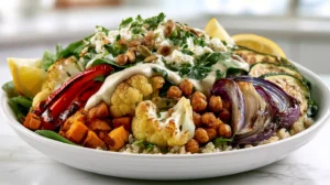 roasted vegetable bowls made with roasted sweet potato cubes, cauliflower florets, red bell pepper strips, red onion wedges, zucchini half-moons, and crispy roasted chickpeas over fluffy quinoa, with baby spinach, crumbled feta, toasted pumpkin seeds, chopped fresh parsley, lemon wedges, and a creamy lemon tahini drizzle, styled in a shallow white bowl on a white marble kitchen counter, overhead view, bright white kitchen background, soft natural window light, crisp editorial food photography, hyper-realistic textures, vibrant color, clean composition, true-to-recipe ingredients only, no extra foods, no text, no watermark