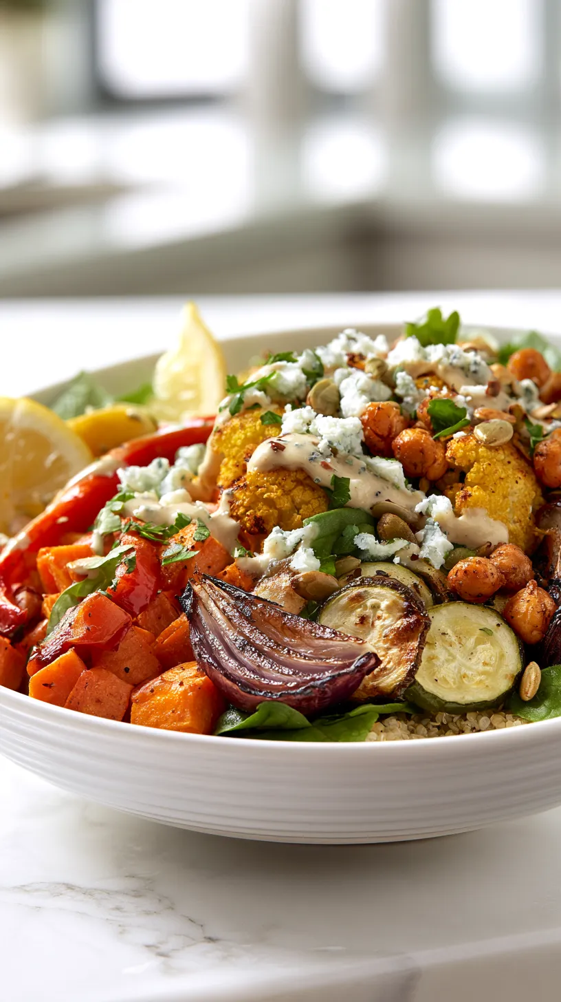 a roasted vegetable bowl with quinoa at the base and visible layers of roasted sweet potato cubes, golden roasted cauliflower, blistered red bell pepper strips, browned zucchini half-moons, softened roasted red onion wedges with caramelized edges, and crispy roasted chickpeas, finished with baby spinach, crumbled feta cheese, toasted pumpkin seeds, fresh chopped parsley, lemon wedges, and a creamy lemon tahini sauce drizzled across the top, all vegetables visibly roasted with browned edges and tender texture, 3/4 angled hero shot, white ceramic bowl on white marble counter, bright airy kitchen background softly blurred, natural daylight, realistic seasoning, clean fresh styling, hyper-realistic editorial food photography, true-to-recipe ingredients only, no raw vegetables, no extra toppings, no text, no watermark