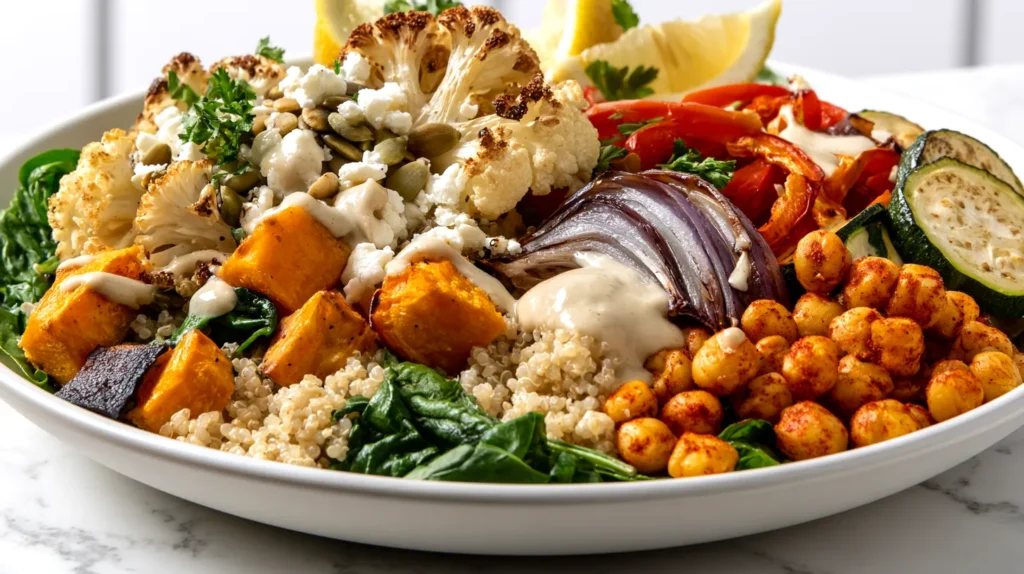 close side-angle view of roasted vegetable bowls featuring fluffy quinoa, wilted baby spinach, roasted sweet potato cubes with dark golden corners, roasted cauliflower florets with crisp browned tips, roasted zucchini slices with seared edges, roasted red bell pepper strips with slight blistering, roasted red onion wedges that look soft and caramelized instead of raw, and crispy chickpeas with visible paprika seasoning, topped with crumbled feta, toasted pumpkin seeds, parsley, lemon wedges, and creamy lemon tahini drizzle, focus on caramelized vegetable texture and creamy sauce, white bowl on white marble counter, bright white kitchen backdrop, soft natural light, shallow depth of field, hyper-realistic food photography, true-to-recipe ingredients only, no raw onion, no extra foods, no text, no watermark