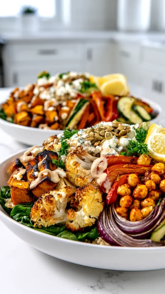 close side-angle view of roasted vegetable bowls featuring fluffy quinoa, wilted baby spinach, roasted sweet potato cubes with dark golden corners, roasted cauliflower florets with crisp browned tips, roasted zucchini slices with seared edges, roasted red bell pepper strips with slight blistering, roasted red onion wedges that look soft and caramelized instead of raw, and crispy chickpeas with visible paprika seasoning, topped with crumbled feta, toasted pumpkin seeds, parsley, lemon wedges, and creamy lemon tahini drizzle, focus on caramelized vegetable texture and creamy sauce, white bowl on white marble counter, bright white kitchen backdrop, soft natural light, shallow depth of field, hyper-realistic food photography, true-to-recipe ingredients only, no raw onion, no extra foods, no text, no watermark