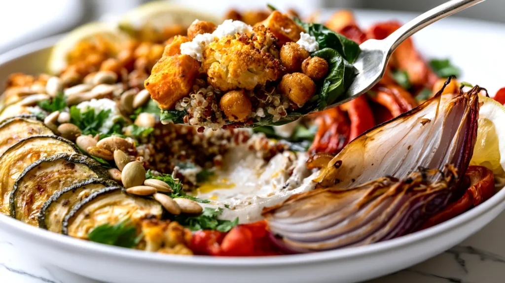 fork-lift shot of a roasted vegetable bowl, a fork lifting a bite of fluffy quinoa, roasted sweet potato, golden cauliflower, crispy chickpeas, baby spinach, feta crumbles, and creamy lemon tahini sauce, with a clear missing bite area in the bowl, surrounding bowl shows roasted zucchini half-moons with browned edges, blistered red bell pepper strips, softened roasted red onion wedges with translucent caramelized layers, toasted pumpkin seeds, chopped parsley, and lemon wedges, all vegetables visibly roasted and tender, no raw onion pieces, white ceramic bowl on white marble kitchen counter, bright white kitchen background, soft natural window light, crisp editorial food photography, hyper-realistic textures, true-to-recipe ingredients only, no extra foods, no hand visible, no text, no watermark