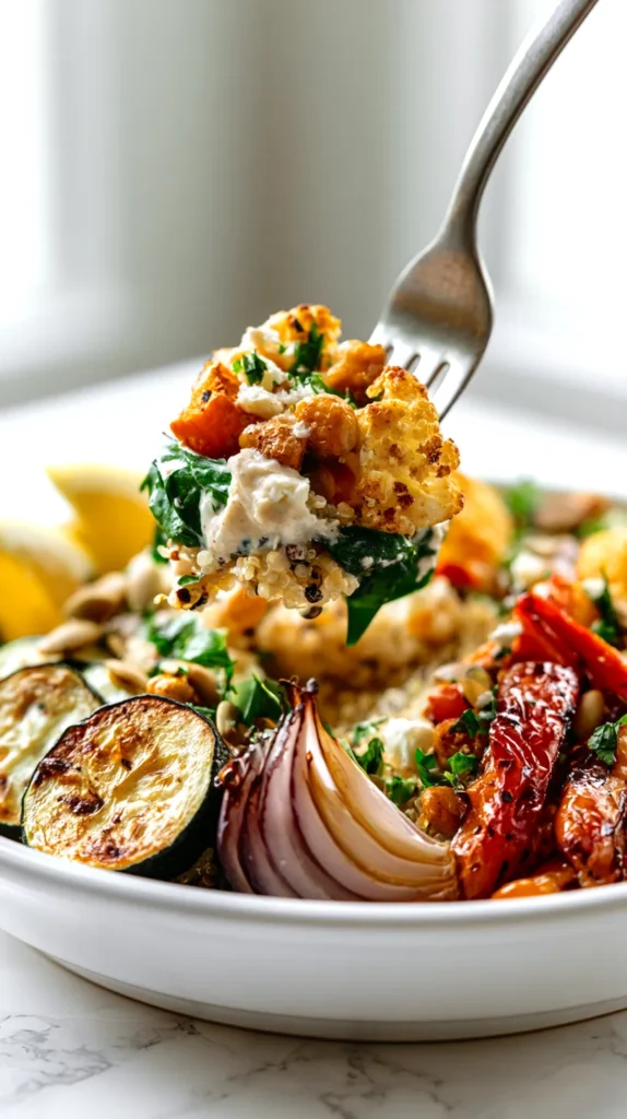 fork-lift shot of a roasted vegetable bowl, a fork lifting a bite of fluffy quinoa, roasted sweet potato, golden cauliflower, crispy chickpeas, baby spinach, feta crumbles, and creamy lemon tahini sauce, with a clear missing bite area in the bowl, surrounding bowl shows roasted zucchini half-moons with browned edges, blistered red bell pepper strips, softened roasted red onion wedges with translucent caramelized layers, toasted pumpkin seeds, chopped parsley, and lemon wedges, all vegetables visibly roasted and tender, no raw onion pieces, white ceramic bowl on white marble kitchen counter, bright white kitchen background, soft natural window light, crisp editorial food photography, hyper-realistic textures, true-to-recipe ingredients only, no extra foods, no hand visible, no text, no watermark