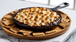 Hyper-realistic baked smores dip in a small black cast iron skillet sitting on a round wooden serving board, glossy melted chocolate base, golden toasted mini marshmallows covering the top, graham cracker pieces arranged around the board, white marble kitchen counter underneath, bright white kitchen background, soft natural window light, cozy dessert photography, crisp realistic textures, no people, no text, no watermark