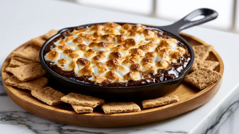 Hyper-realistic baked smores dip in a small black cast iron skillet sitting on a round wooden serving board, glossy melted chocolate base, golden toasted mini marshmallows covering the top, graham cracker pieces arranged around the board, white marble kitchen counter underneath, bright white kitchen background, soft natural window light, cozy dessert photography, crisp realistic textures, no people, no text, no watermark