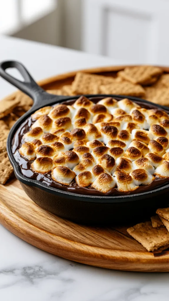 Hyper-realistic baked smores dip in a small black cast iron skillet sitting on a round wooden serving board, glossy melted chocolate base, golden toasted mini marshmallows covering the top, graham cracker pieces arranged around the board, white marble kitchen counter underneath, bright white kitchen background, soft natural window light, cozy dessert photography, crisp realistic textures, no people, no text, no watermark