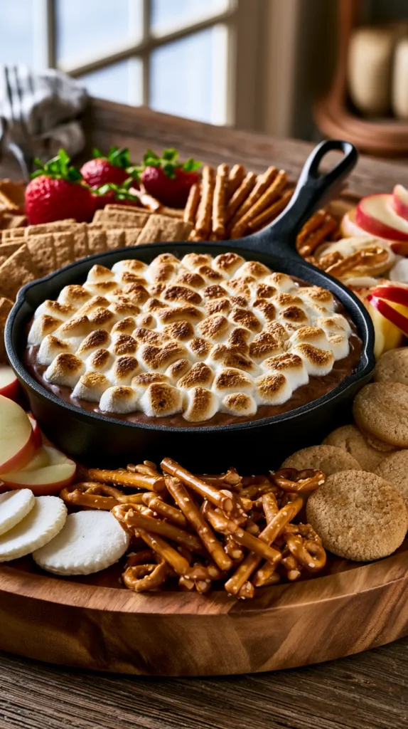 Hyper-realistic party dessert board with warm smores dip in a black cast iron skillet centered on a large wooden serving board, toasted mini marshmallow top, graham crackers, pretzel rods, strawberries, vanilla wafers, apple slices, and shortbread cookies arranged around it, cozy casual hosting setup, bright kitchen background, soft natural light, crisp editorial dessert photography, no people, no text, no watermark