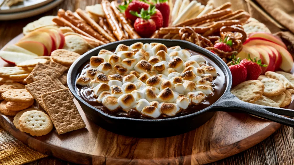 Hyper-realistic over head photo party dessert board with warm smores dip in a black cast iron skillet centered on a large wooden serving board, toasted mini marshmallow top, graham crackers, pretzel rods, strawberries, vanilla wafers, apple slices, and shortbread cookies arranged around it, cozy casual hosting setup, bright kitchen background, soft natural light, crisp editorial dessert photography, no people, no text, no watermark