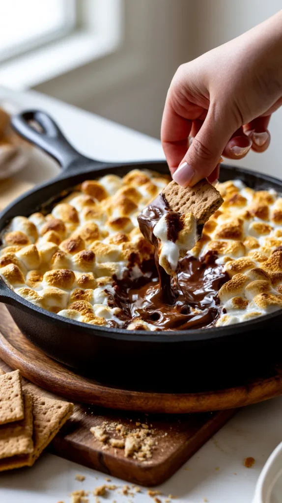 Hyper-realistic close-up of smores dip in a black cast iron skillet resting on a wooden serving board, golden toasted mini marshmallows covering the top, glossy melted chocolate visible through a small missing scoop mark, a realistic female hand with a subtle light pink manicure dipping a graham cracker into the chocolate and marshmallow, gooey chocolate and marshmallow pull attached to the cracker, extra graham crackers lying flat on the board, scattered crumbs, bright airy kitchen background, soft natural window light, editorial dessert photography, realistic proportions, no floating food, no distorted fingers, no text, no watermark