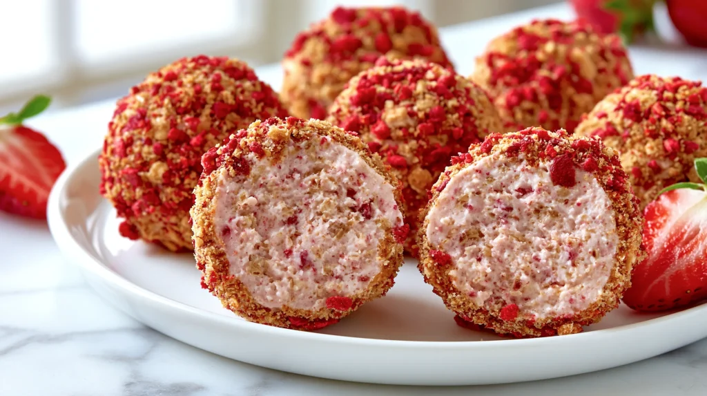 hyper-realistic photo of strawberry cheesecake protein balls on a white ceramic plate, small tablespoon-sized no-bake snack bites, pale pink centers with visible oat texture and tiny strawberry flecks, coated in crushed freeze-dried strawberries and graham cracker crumbs, one protein ball cut in half to show a dense creamy interior, fresh strawberry halves nearby, bright white kitchen background, white marble countertop, soft natural window light, crisp focus, clean editorial food photography, realistic homemade texture, no text, no logos, no watermark