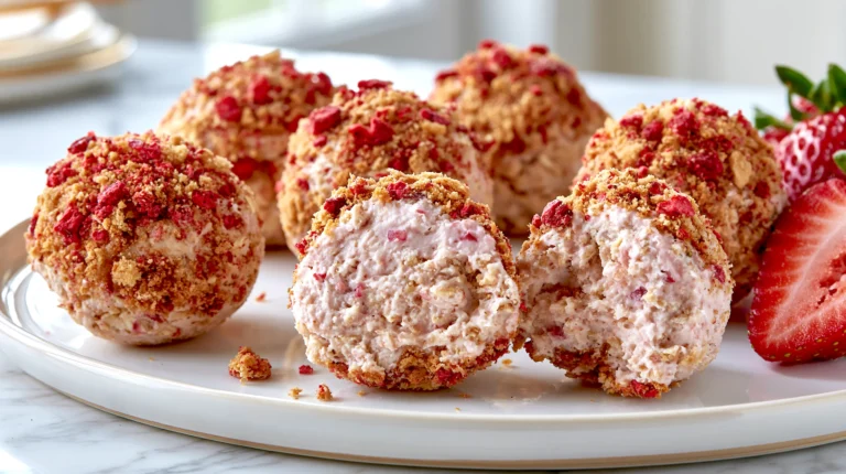 hyper-realistic close-up photo of strawberry cheesecake protein balls on a white ceramic plate, small tablespoon-sized no-bake snack bites, pale pink centers with a dense creamy oat-based texture, visible rolled oats, tiny strawberry flecks, and a slightly rough homemade interior, not mousse-like or overly smooth, coated lightly in crushed freeze-dried strawberries and graham cracker crumbs, one protein ball cut open in front to clearly show the realistic inside texture, several whole protein balls softly blurred behind it, fresh strawberry halves on the plate, bright white kitchen background, white marble countertop, soft natural window light, shallow depth of field, crisp focus on the front cut protein ball, clean editorial food photography, realistic homemade styling, no text, no logos, no watermark