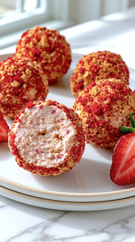 hyper-realistic photo of strawberry cheesecake protein balls on a white ceramic plate, pale pink strawberry oat bites rolled in crushed freeze-dried strawberries and graham cracker crumbs, creamy cheesecake-inspired texture, tiny flecks of strawberry throughout, a few fresh strawberries and graham cracker crumbs scattered nearby, bright white kitchen background, white marble countertop, soft natural window light, crisp focus, editorial food photography, clean and airy styling, no text, no logos, no watermark