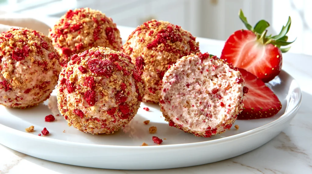 hyper-realistic photo of homemade strawberry cheesecake protein balls arranged on a white plate, small round no-bake bites with a realistic dense oat-based interior, coated in graham cracker crumbs and crushed freeze-dried strawberries, one ball broken open in front, fresh strawberries and a few oats scattered nearby, bright airy white kitchen, white marble counter, soft natural light, crisp clean food photography, realistic homemade styling, no text, no logos, no watermark