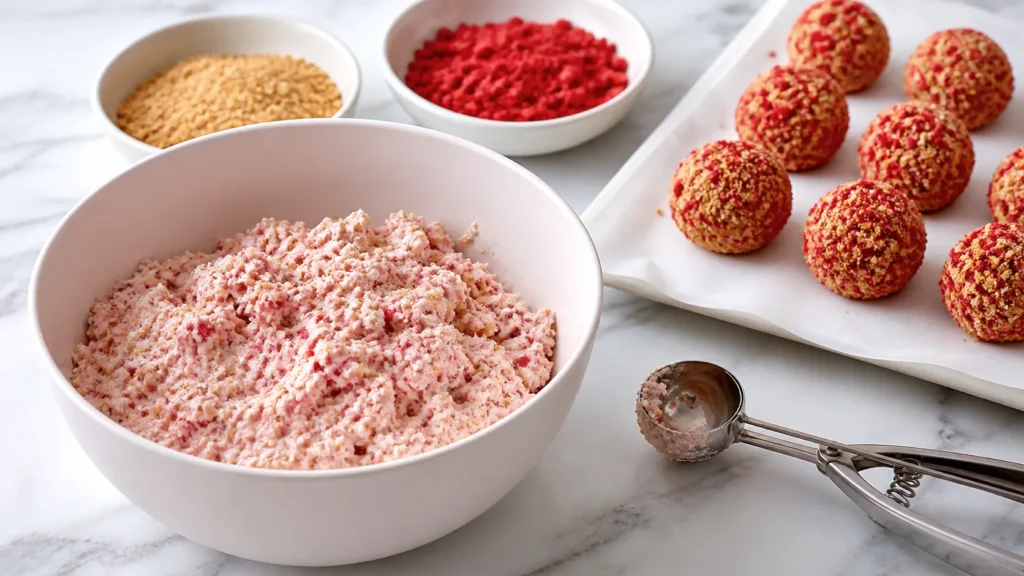 hyper-realistic photo of the process of making strawberry cheesecake protein balls, a large pale pink mixing bowl filled with thick pale pink protein ball mixture with visible oats and strawberry flecks, a small cookie scoop beside the bowl, bowls of graham cracker crumbs and crushed freeze-dried strawberries nearby, several finished protein balls on a parchment-lined tray in the background, bright white kitchen, white marble countertop, soft natural window light, clean editorial food photography, no people, no text, no logos, no watermark