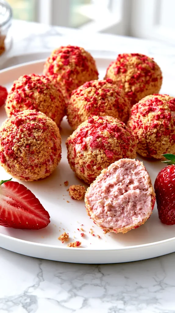 hyper-realistic overhead photo of strawberry cheesecake protein balls on a large white plate, small no-bake snack bites arranged neatly, coated in graham cracker crumbs and freeze-dried strawberry crumbs, one protein ball cut open to reveal a dense pink oat-based center, fresh strawberries and a few crumb sprinkles around the plate, bright white kitchen setting, white marble countertop, soft natural light, crisp editorial food photography, no text, no logos, no watermark