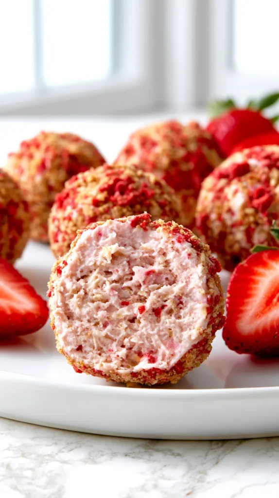 hyper-realistic close-up photo of strawberry cheesecake protein balls on a white ceramic plate, small tablespoon-sized no-bake snack bites, pale pink centers with a dense creamy oat-based texture, visible rolled oats, tiny strawberry flecks, and a slightly rough homemade interior, not mousse-like or overly smooth, coated lightly in crushed freeze-dried strawberries and graham cracker crumbs, one protein ball cut open in front to clearly show the realistic inside texture, several whole protein balls softly blurred behind it, fresh strawberry halves on the plate, bright white kitchen background, white marble countertop, soft natural window light, shallow depth of field, crisp focus on the front cut protein ball, clean editorial food photography, realistic homemade styling, no text, no logos, no watermark