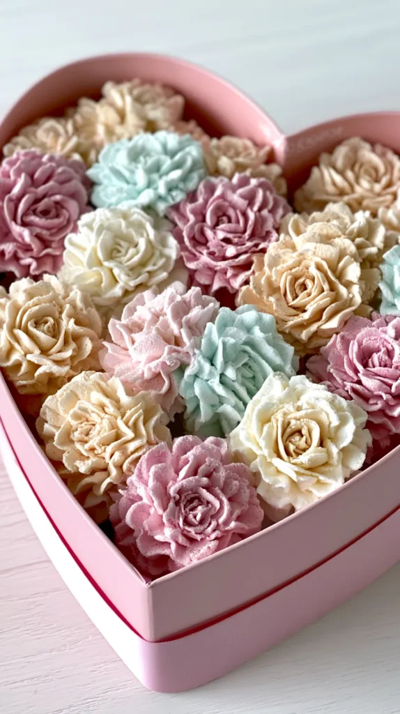 zefir marshmallow flowers in a pink heart-shaped box