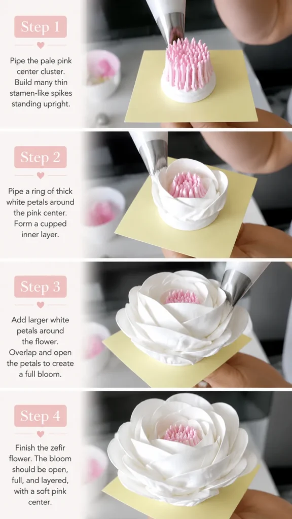 Four-step process showing a large white zefir marshmallow flower being piped with a soft pink center.
