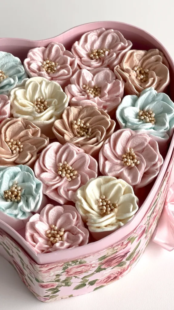 zefir marshmallow flowers in a pink heart-shaped box