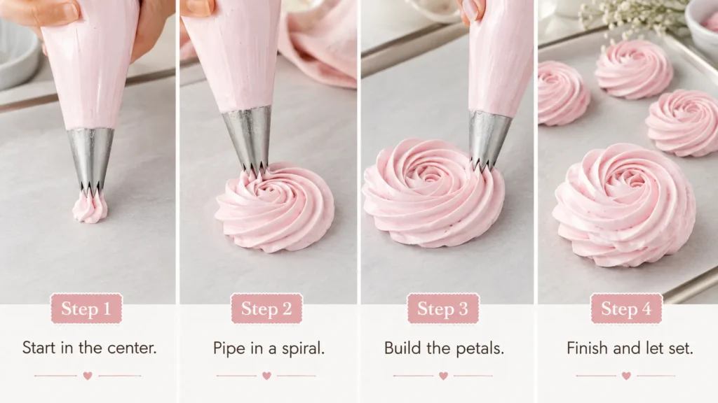 Four-step tutorial showing pink zefir marshmallow flowers being piped into rosette shapes on parchment paper.