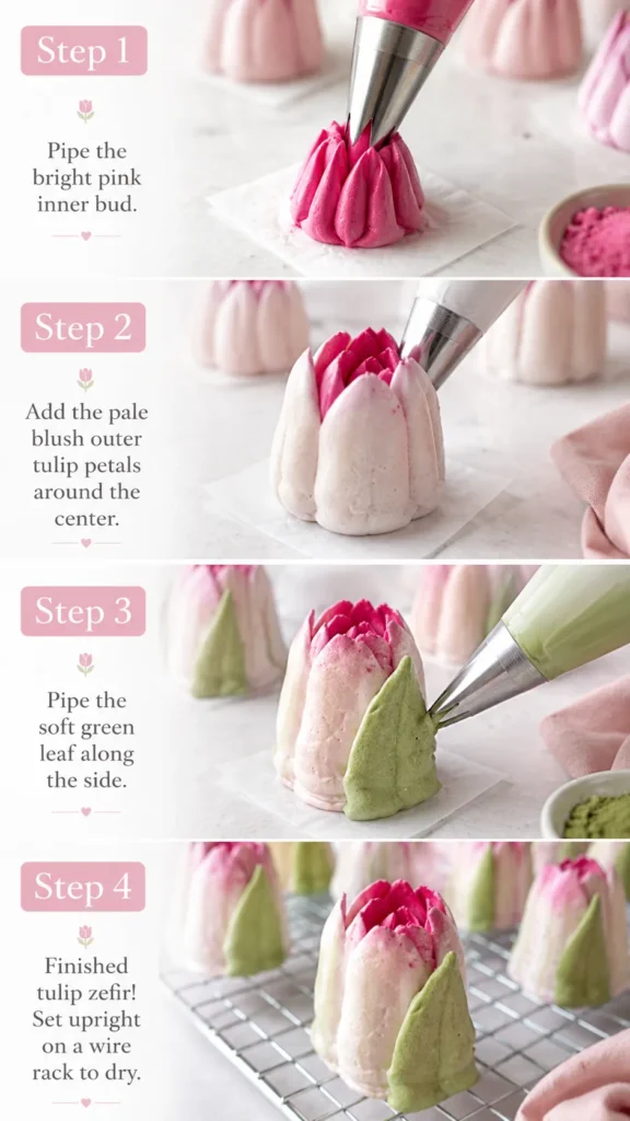 Step-by-step process showing tulip-shaped zefir marshmallow flowers with pink centers, pale petals, and green leaves.