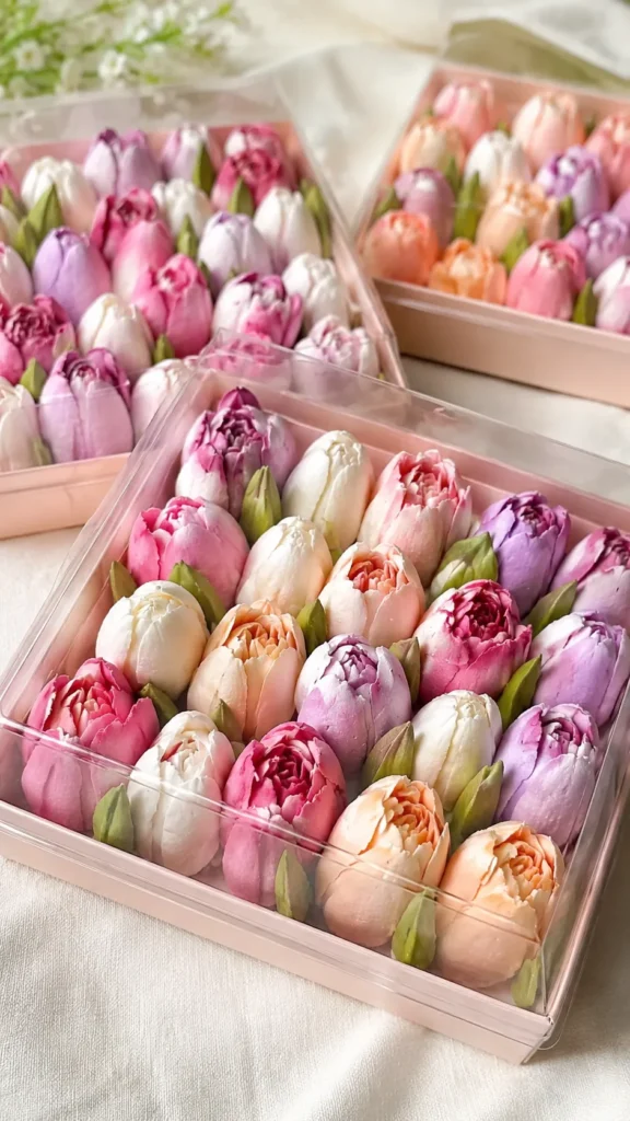 Clear gift boxes filled with pastel zefir marshmallow flowers in pink, peach, lavender, white, and green.