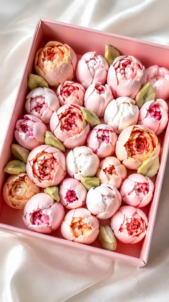 Pink gift box filled with zefir marshmallow flowers in soft pink, white, peach, and green leaf accents.