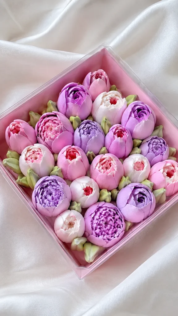 Pastel pink gift box filled with purple, pink, and white zefir marshmallow flowers with green leaves.