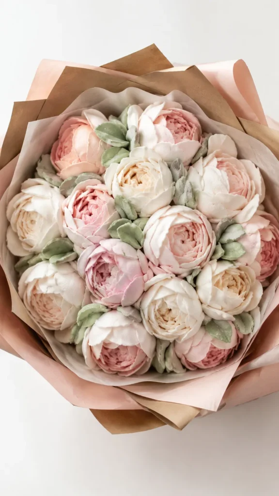 Bouquet of pale pink and white zefir marshmallow flowers wrapped in kraft paper with soft green leaves.